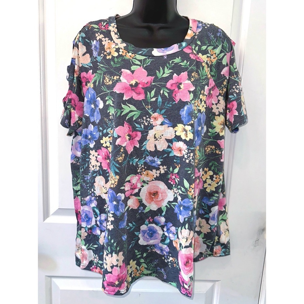 Now n Forever colorful floral print tee with cutouts on the sleeves